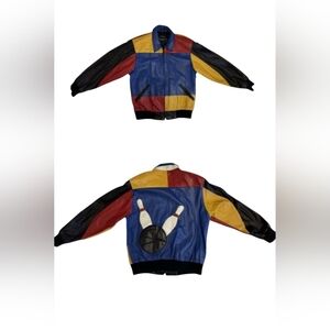 Pelle 100% Leather Bowling Jacket Colour Block Red/Yellow/Blue Size Small EUC